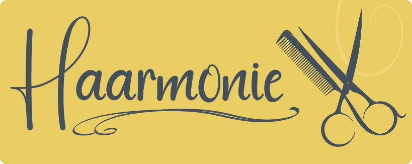 Logo Haarmonie Neuenkirchen - geschwungner Schriftzug und eine Haarscheere mit einem Kamm als Symbol für das Friseurhandwerk